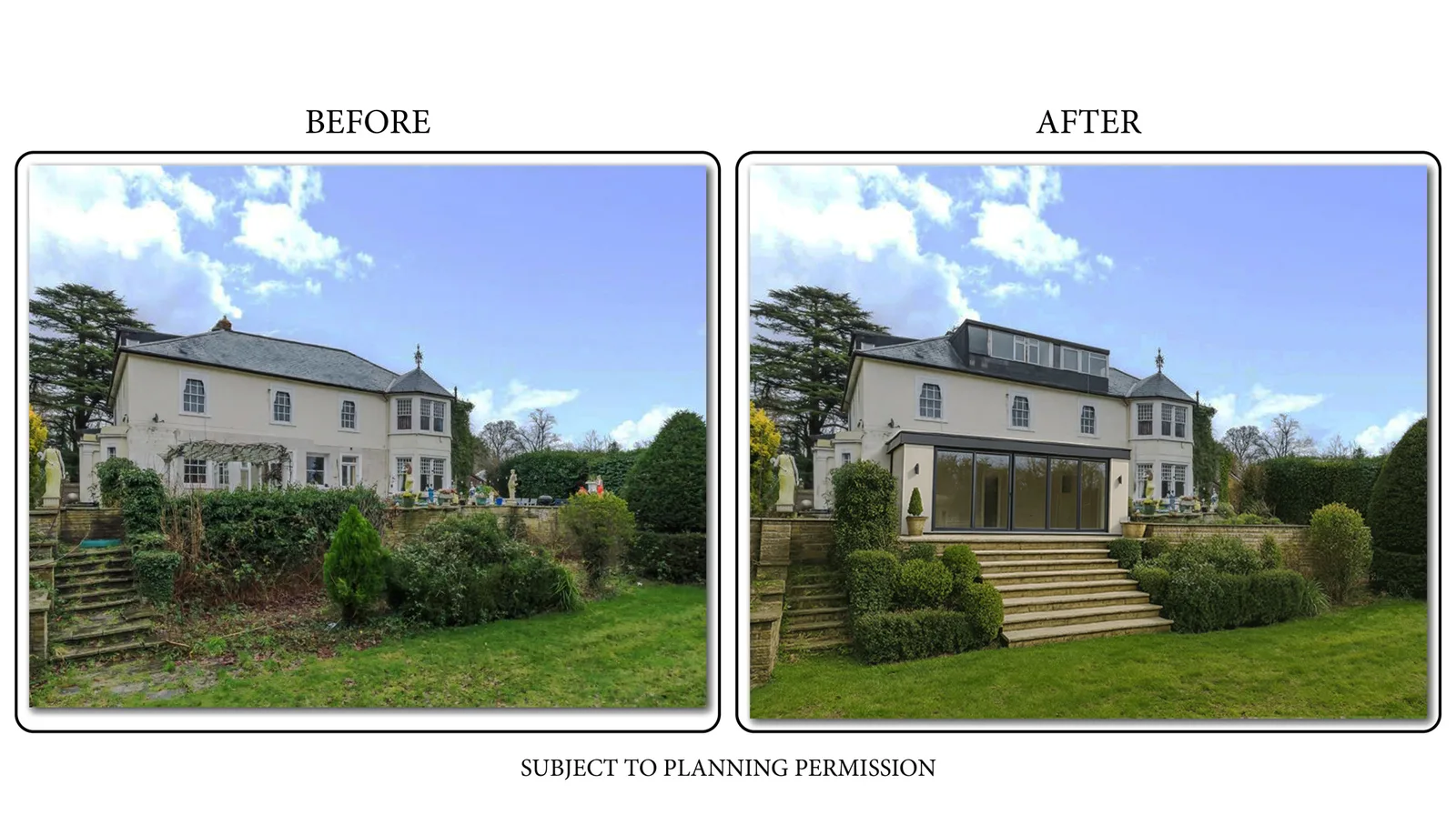 A before-and-after comparison of a period house with a raised stone terrace and a mature cedar tree, showing the existing rear elevation beside the same elevation with a full-width glazed extension added, labelled Subject to Planning Permission