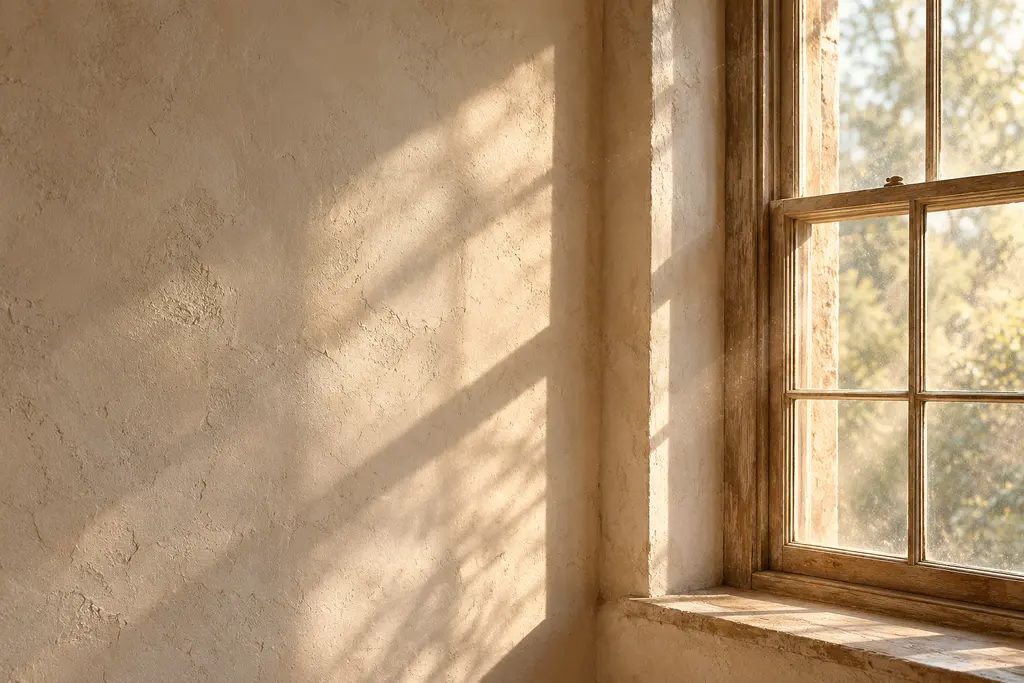 Illustrative AI-generated morning light across an anonymous plaster wall and sash window